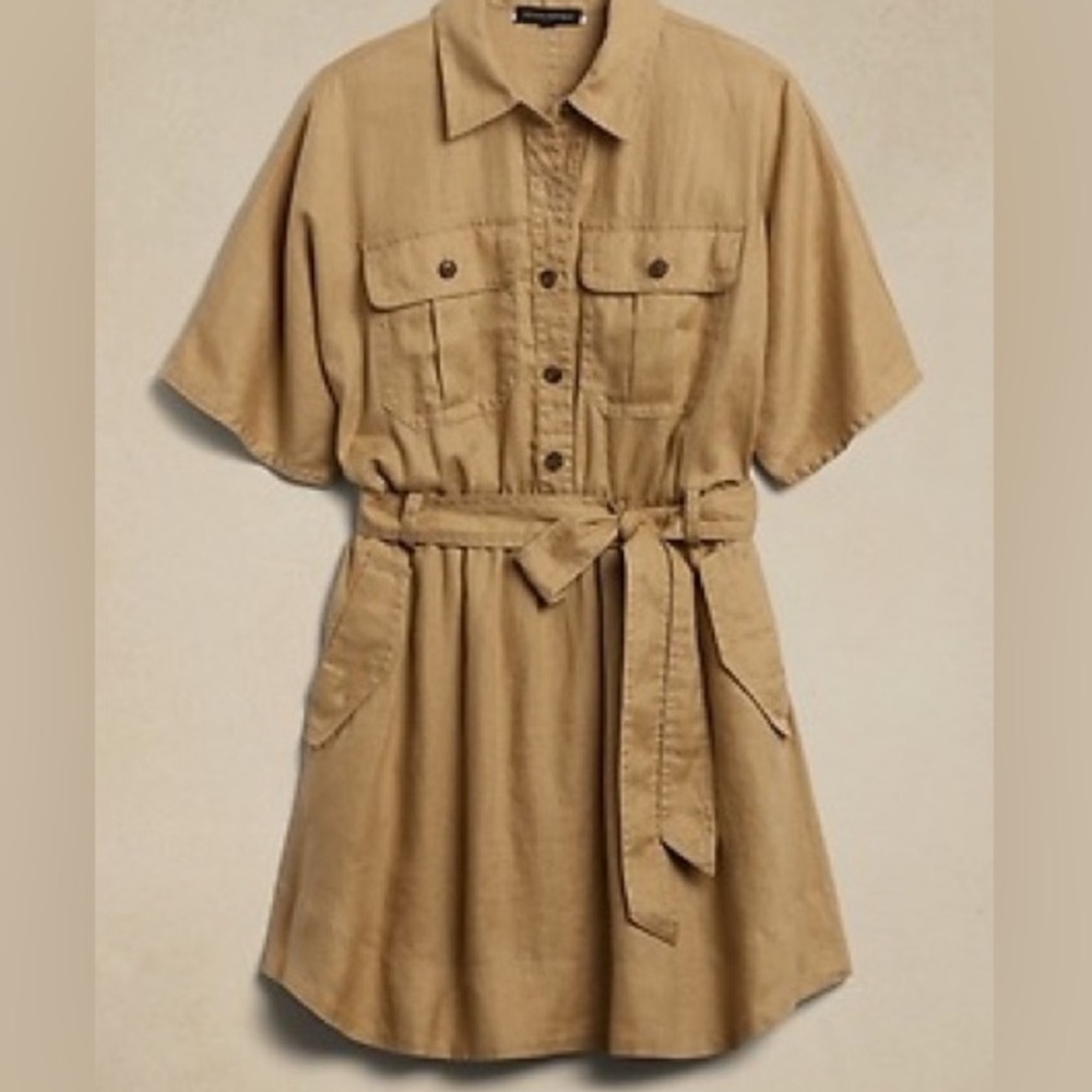Banana Republic Heritage Linen Utility Shirt Dress Khaki Button Up Medium Petite